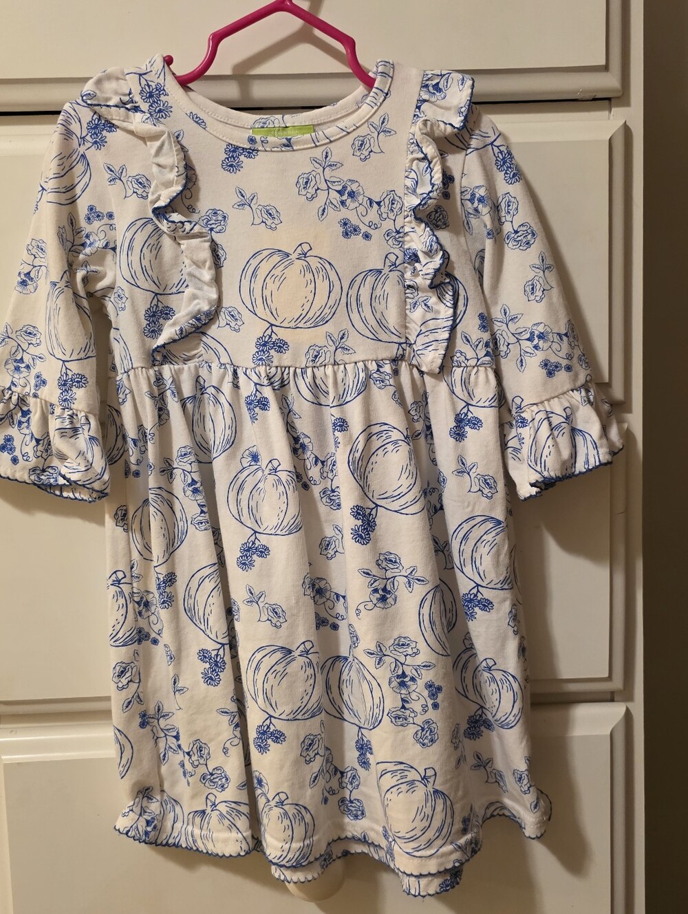 Classic Whimsey Toddler Girls' Cream Dress with Blue Pumpkin Print -